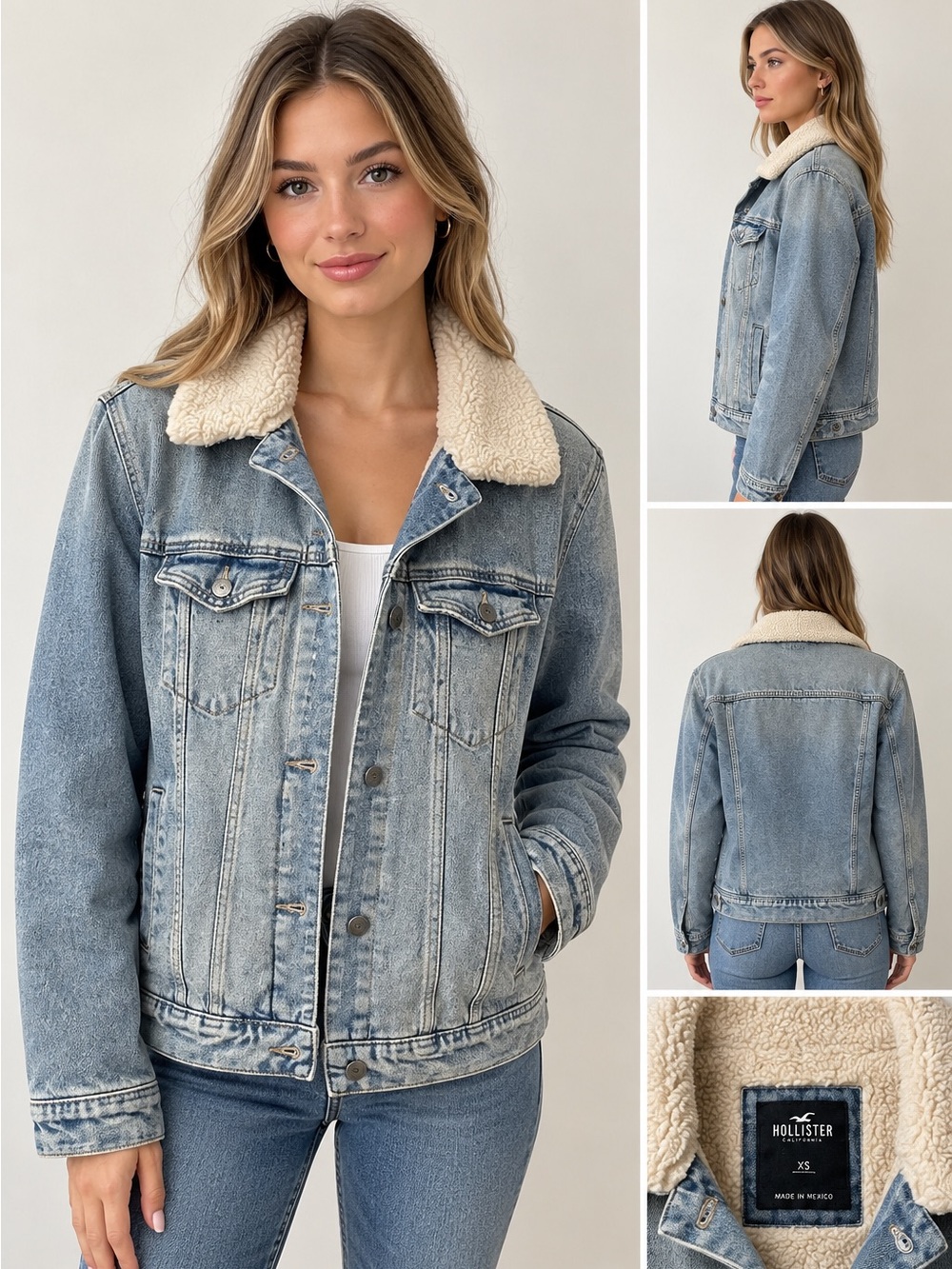 Hollister Light Blue Denim Sherpa-Lined Jacket with Cream Collar